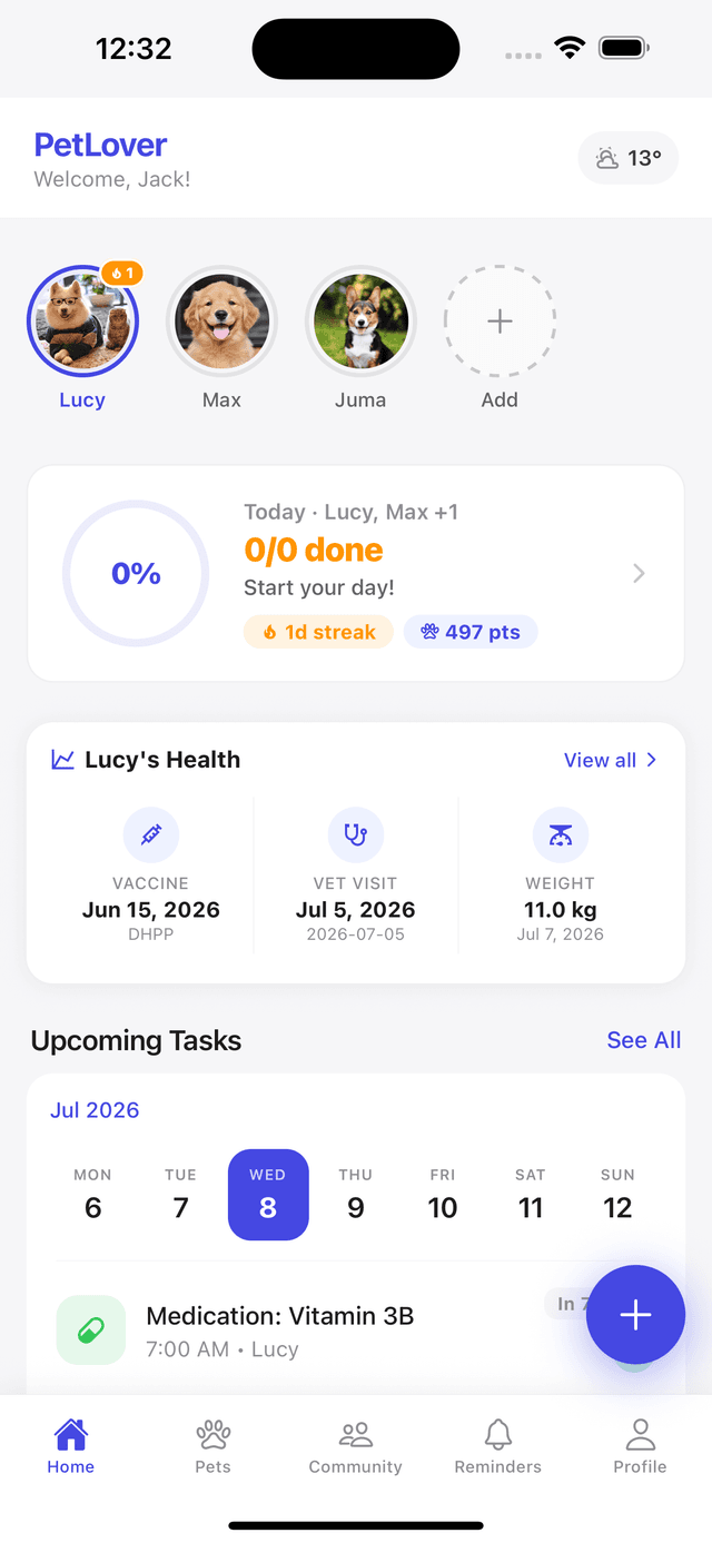 PetLover home screen showing pets, health summary and upcoming tasks